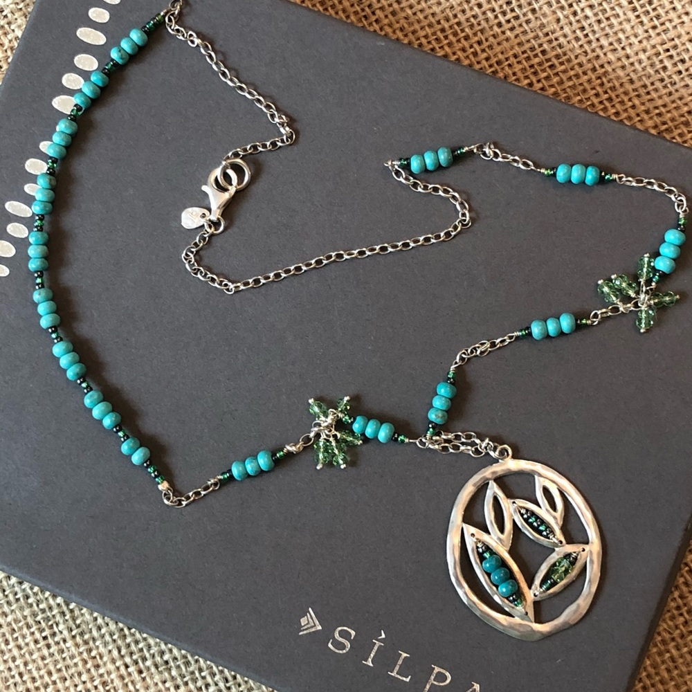 Silpada .925 Sterling Silver Turquoise Gemstone Long Leaf Bead Necklace